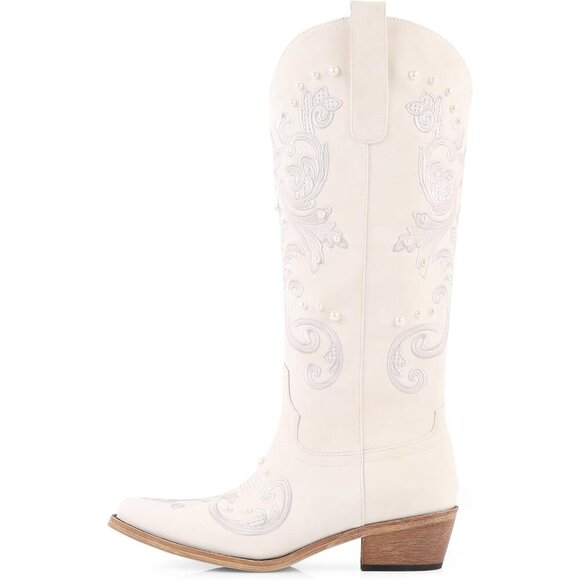 Women White Faux Leather Knee High Classic Embroidered Slip On Chunky Heel - Picture 7 of 7